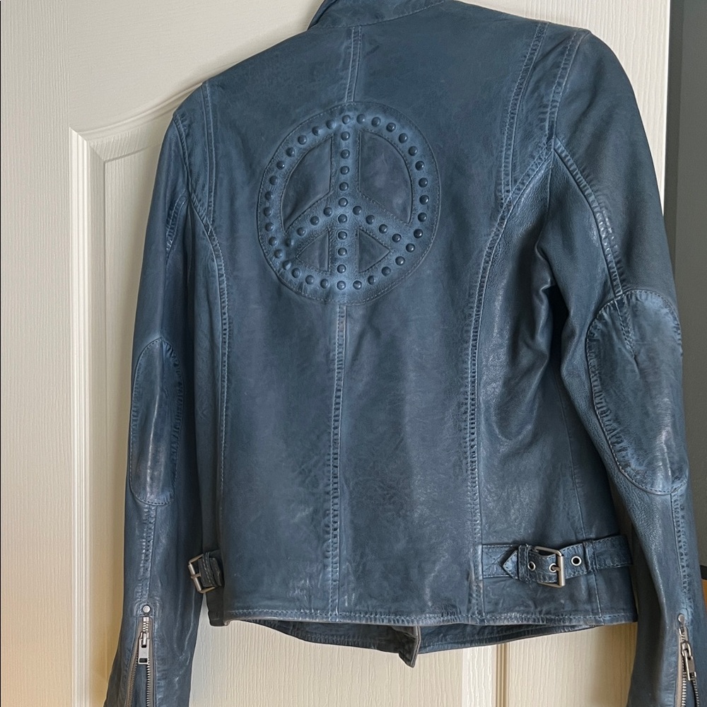 Elegant Blue Leather Jacket with Peace Emblem